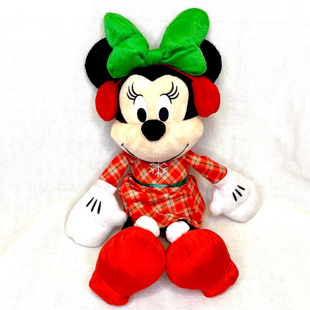 Disney Holiday Minnie Plush with green bow & red ear muffs. Approx 18"h